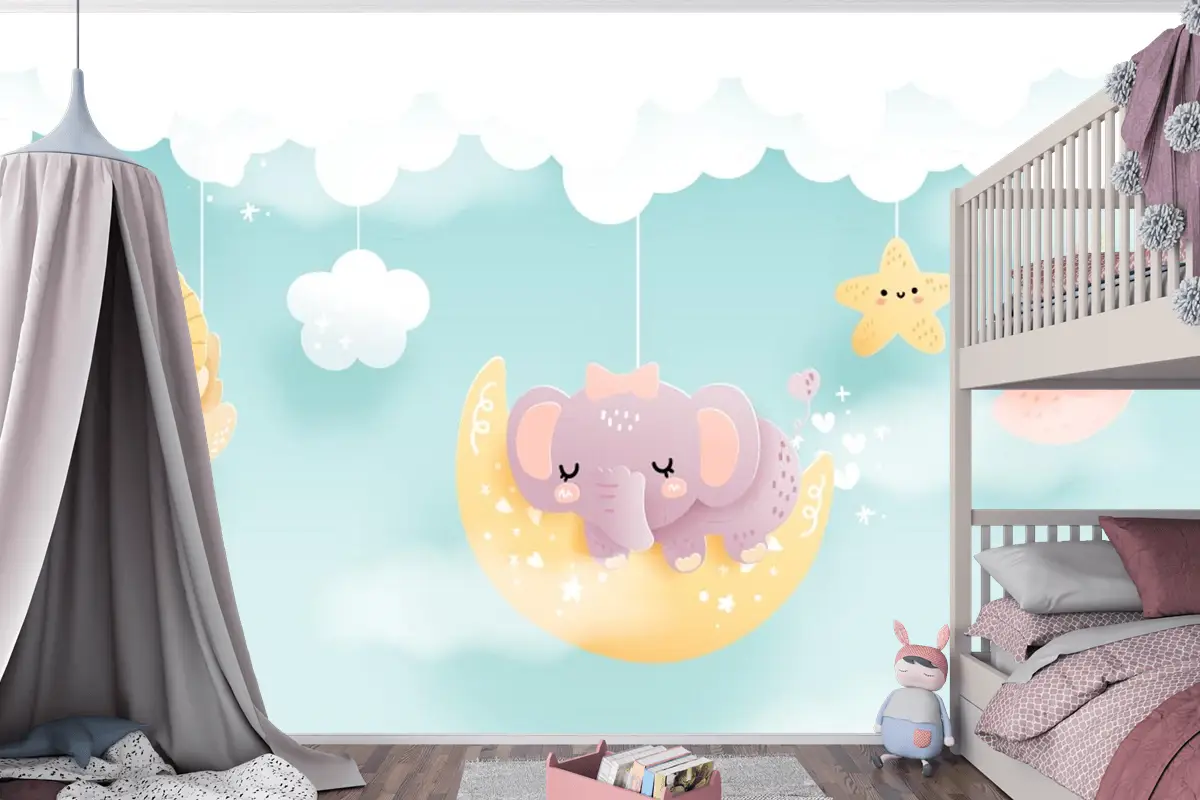 Çocuk Odası Duvar Kağıdı Bulut Üzerinde Sevimli Hayvanlar
