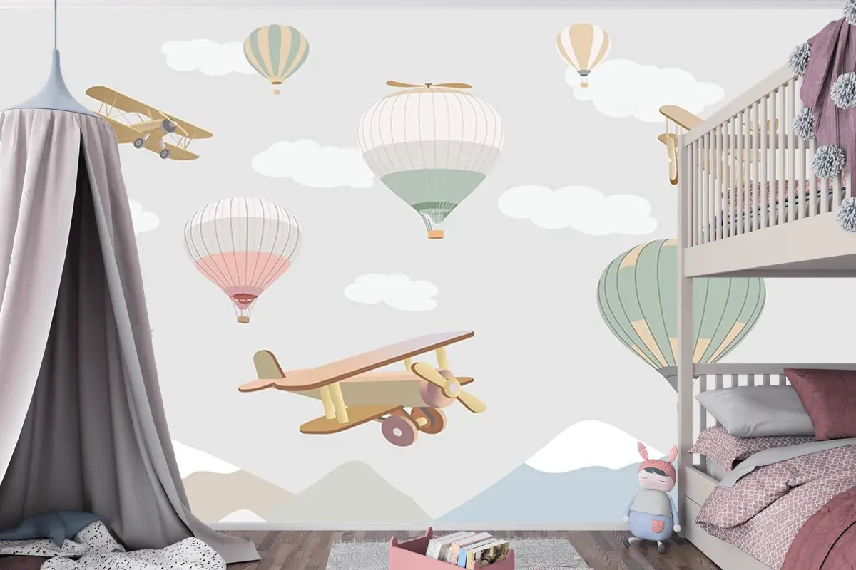 Çocuk Odası Duvar Kağıdı Bulutlar Üzerinde Uçaklar Ve Uçan Balonlar