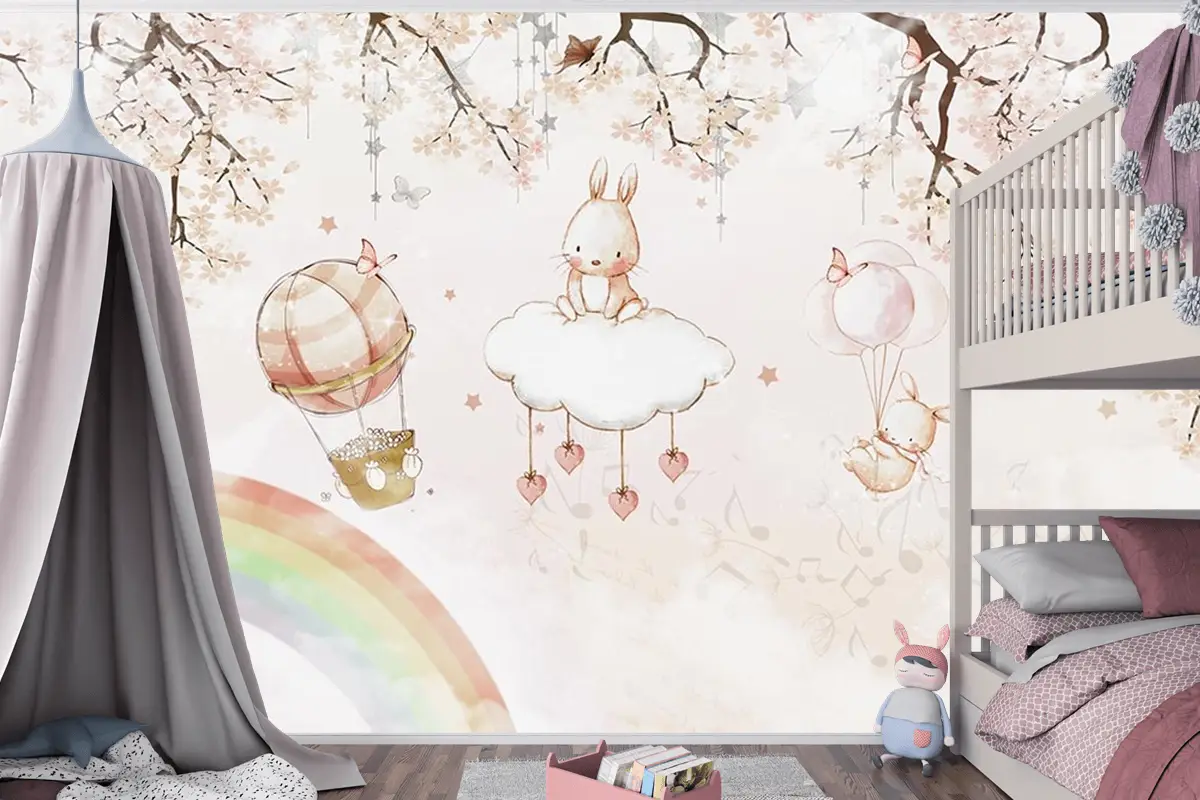 Çocuk Odası Duvar Kağıdı Gökyüzünde Sevimli Tavşanlar
