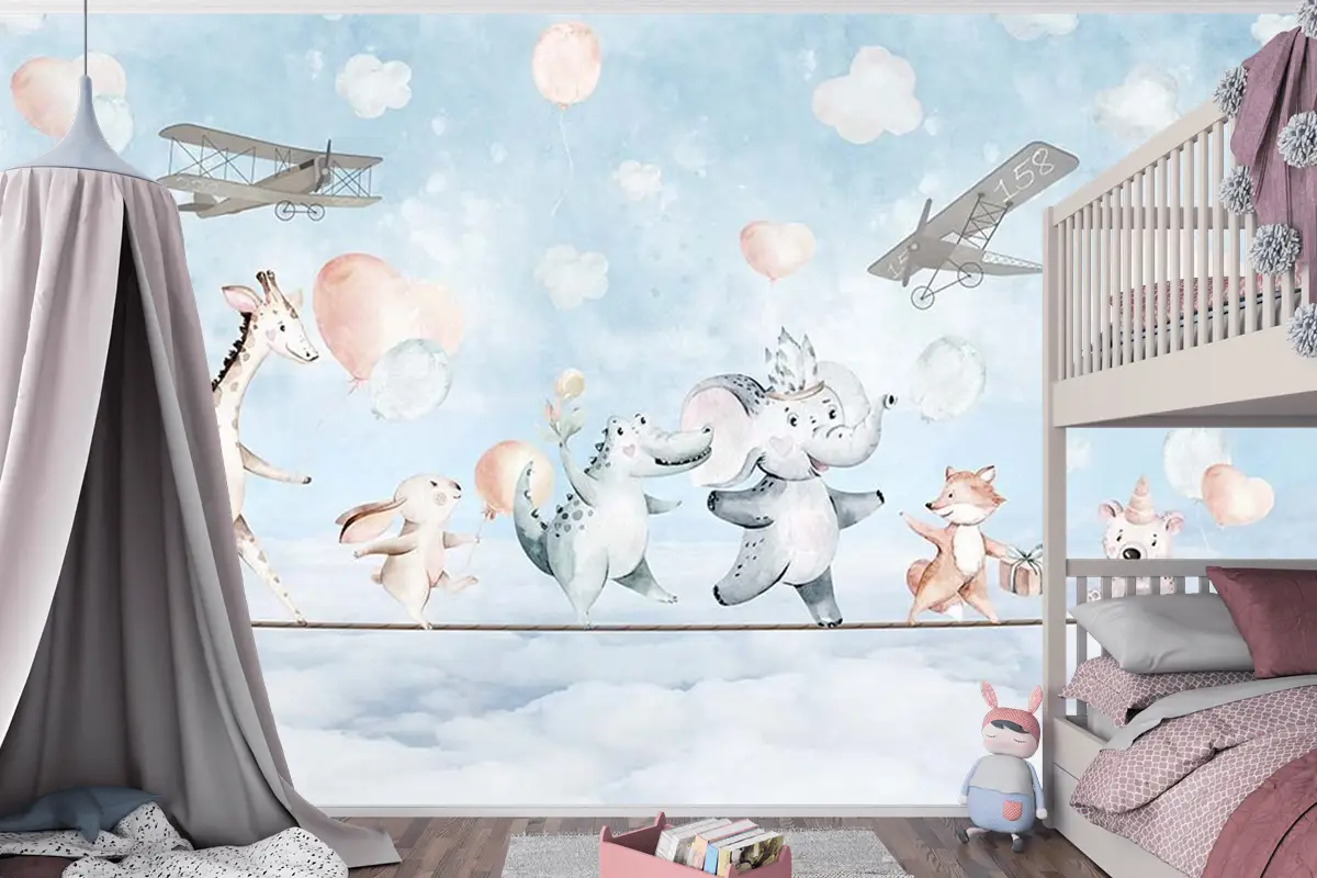 Çocuk Odası Duvar Kağıdı Ip Üzerinde Hayvanlar