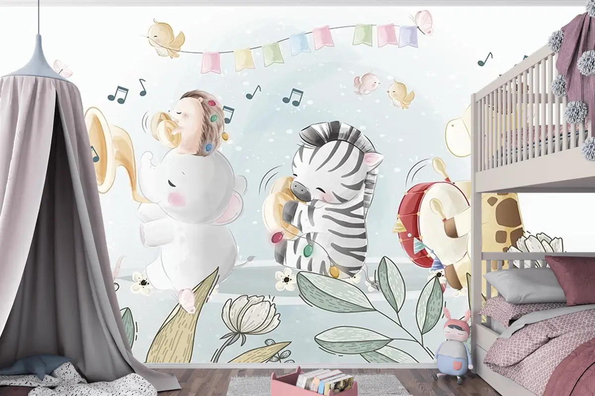 Çocuk Odası Duvar Kağıdı Müzik Çalan Sevimli Hayvanlar