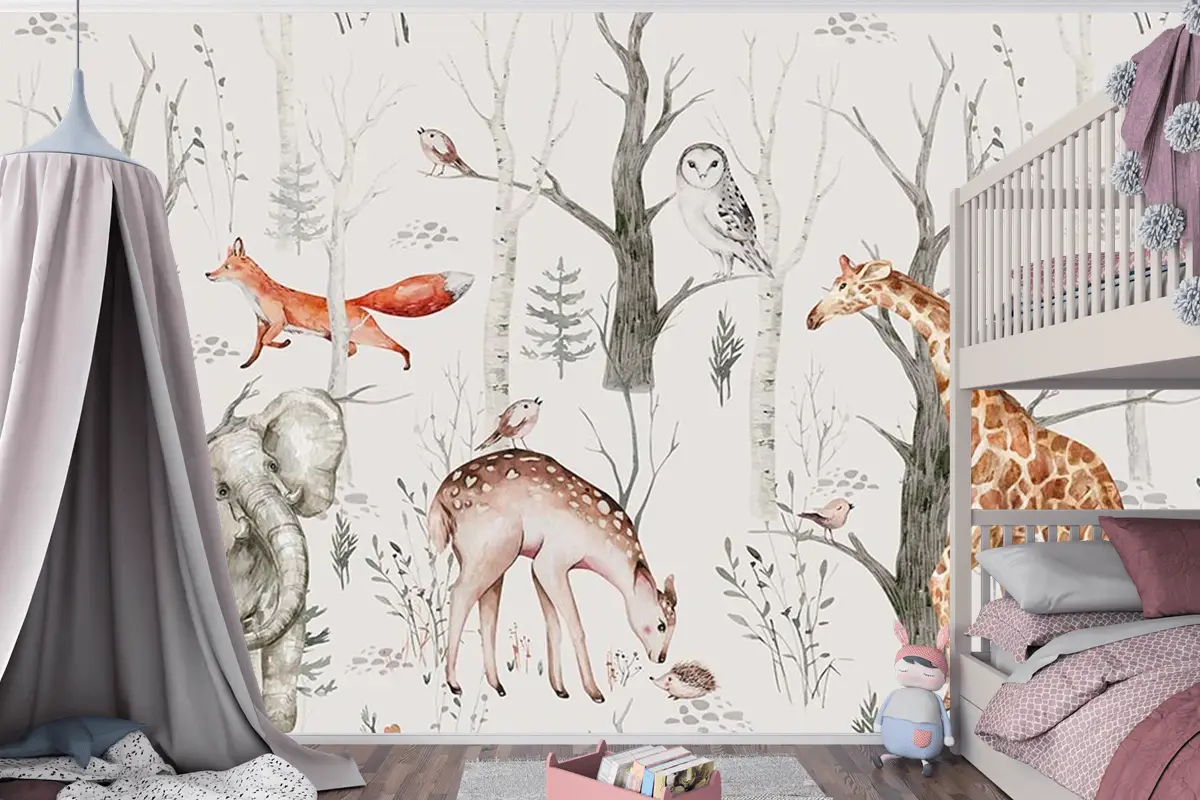 Çocuk Odası Duvar Kağıdı Ormanda Fil Zürafa