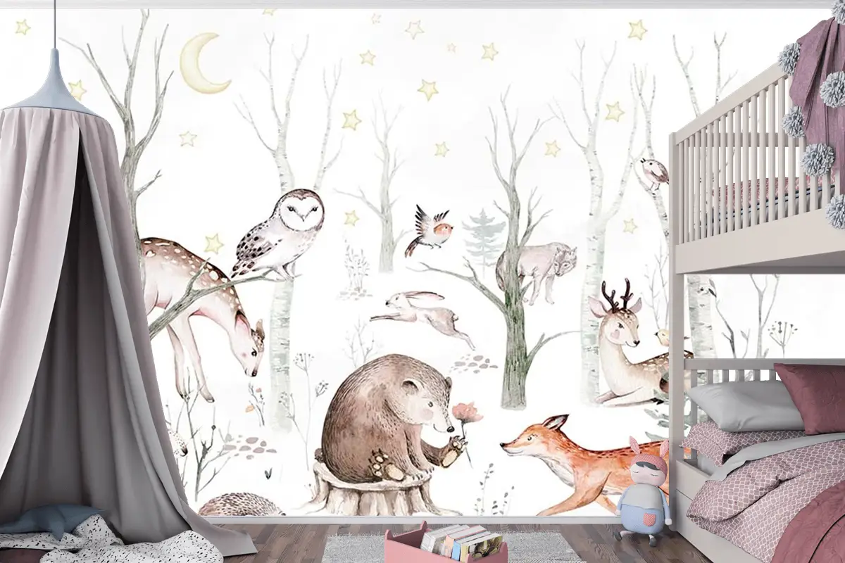 Çocuk Odası Duvar Kağıdı Ormandaki Sevimli Hayvanlar