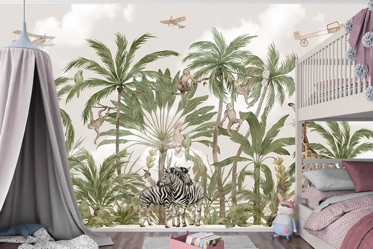 Çocuk Odası Duvar Kağıdı Safari Hayvanları Ve Tropikal Ağaçlar