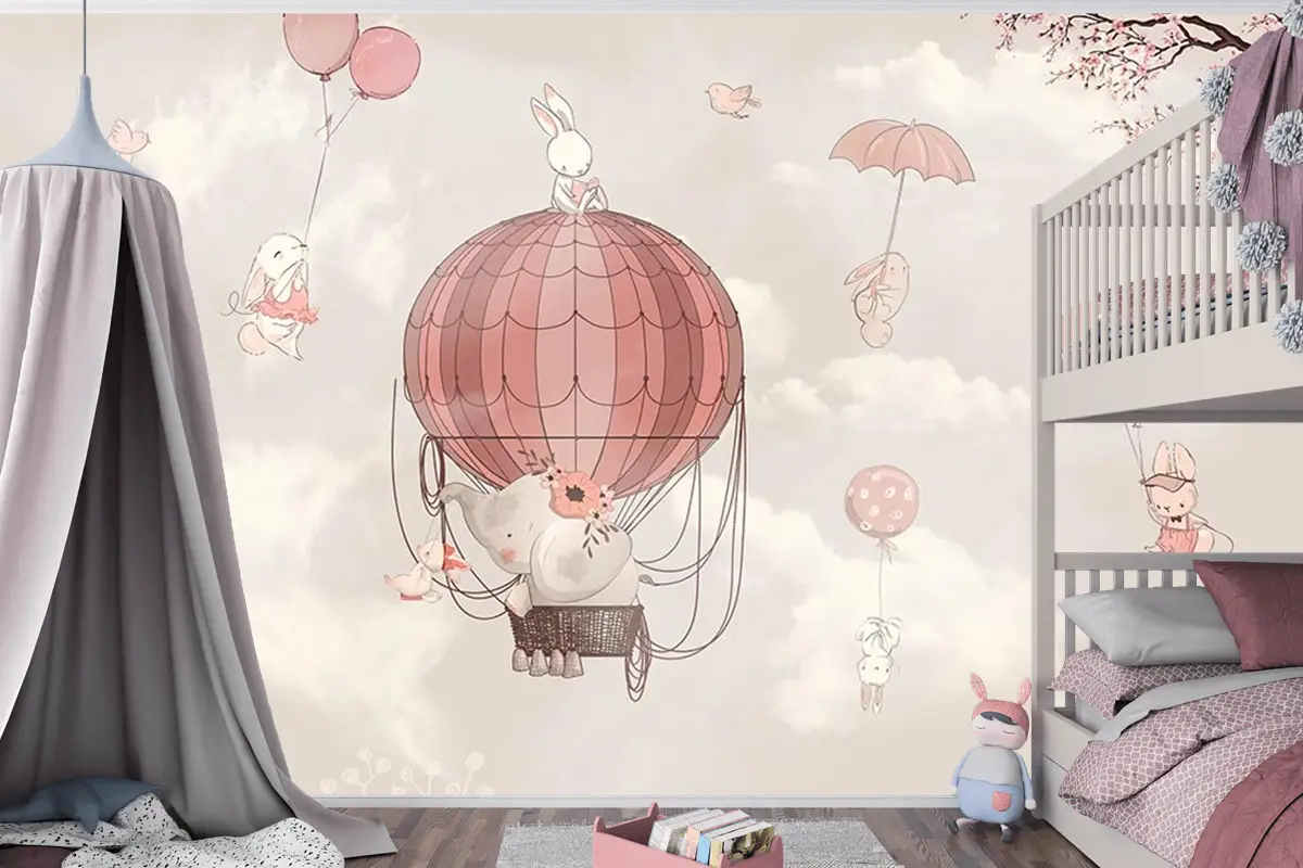 Çocuk Odası Duvar Kağıdı Uçan Balonlar Ve Sevimli Tavşanlar