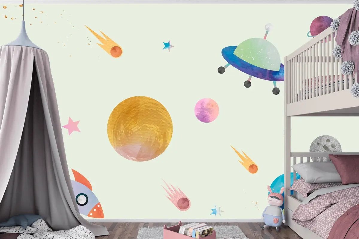 Sevimli Suluboya Tarzında Renkli Galaksi Desenli Arka Plan Çocuk Odası Duvar Kağıdı