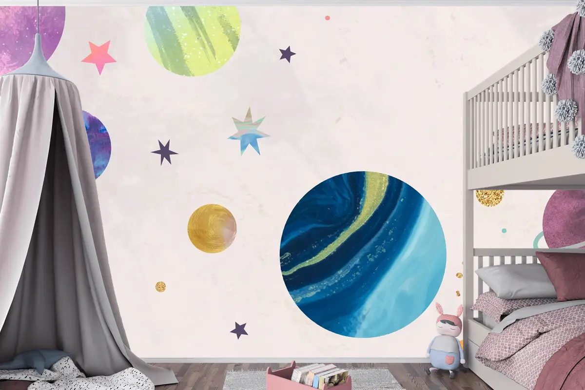 Pastel Çocuk Odası Duvar Kağıdı Duvar Üzerine Renkli Galaksi Suluboya Doodle