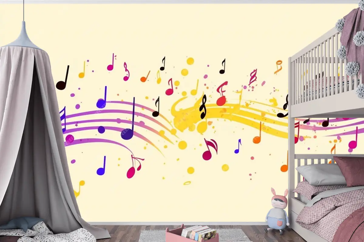 Renkli Müzik Notaları Sarı Arka Plan Çocuk Odası Duvar Kağıdı