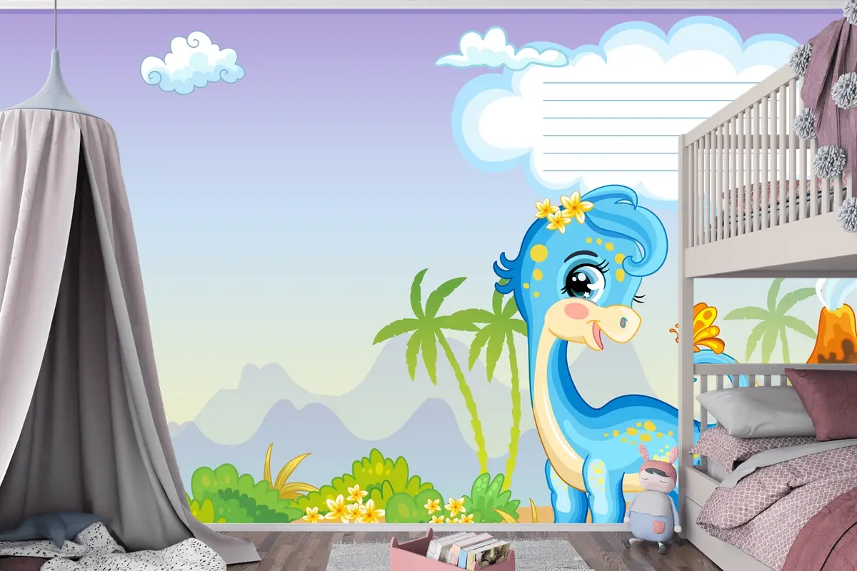 Sevimli Dinozor Mavi Diplodocus Çocuk Odası Duvar Kağıdı Ile Defter Kapağı