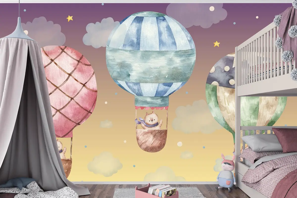 Renkli Balonların Üzerinde Uçan Sevimli Kahverengi Kedi Çocuk Odası Duvar Kağıdı
