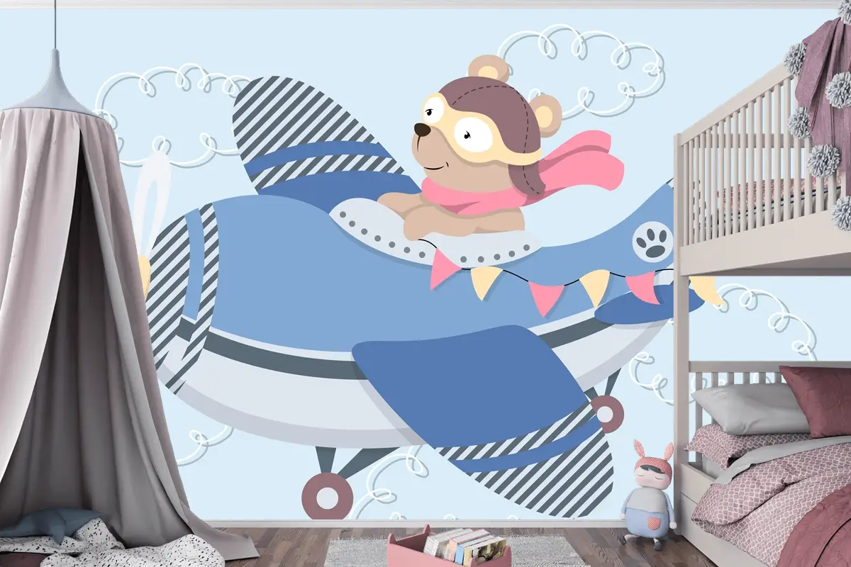 Aviator Gözlüklü Sevimli Karikatür Ayıcık Vintage Uçakta Uçan Deri Kask Ve Eşarp Çocuk Odası Duvar Kağıdı