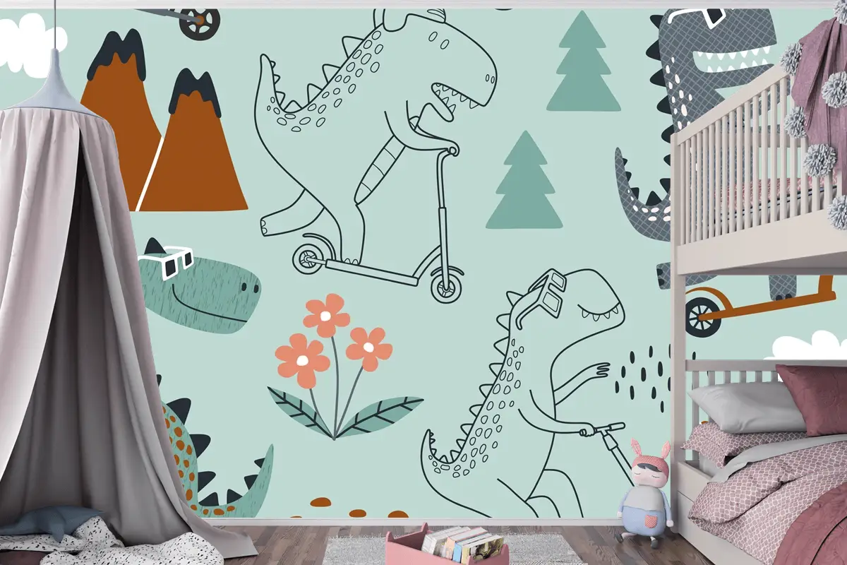 Sevimli Dinozor Scootera Biniyor Çocuk Odası Duvar Kağıdı
