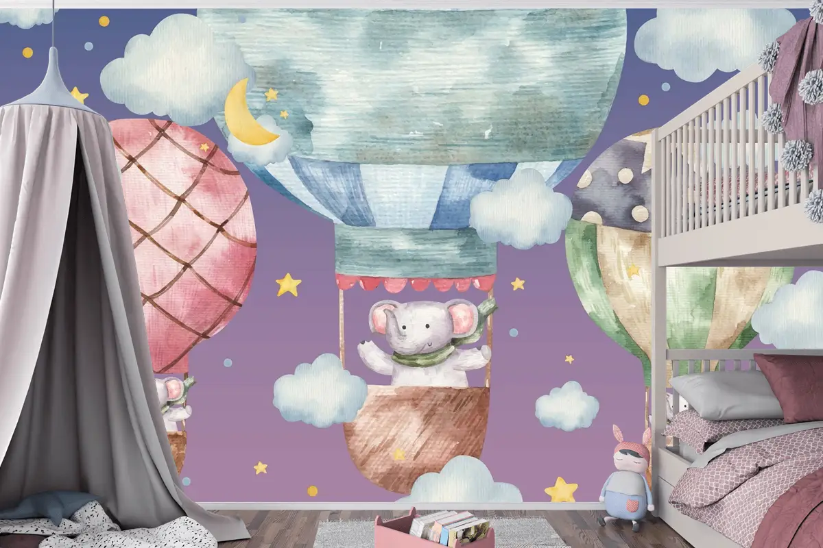 Sevimli Fil Renkli Balonların Üzerinde Uçar Çocuk Odası Duvar Kağıdı