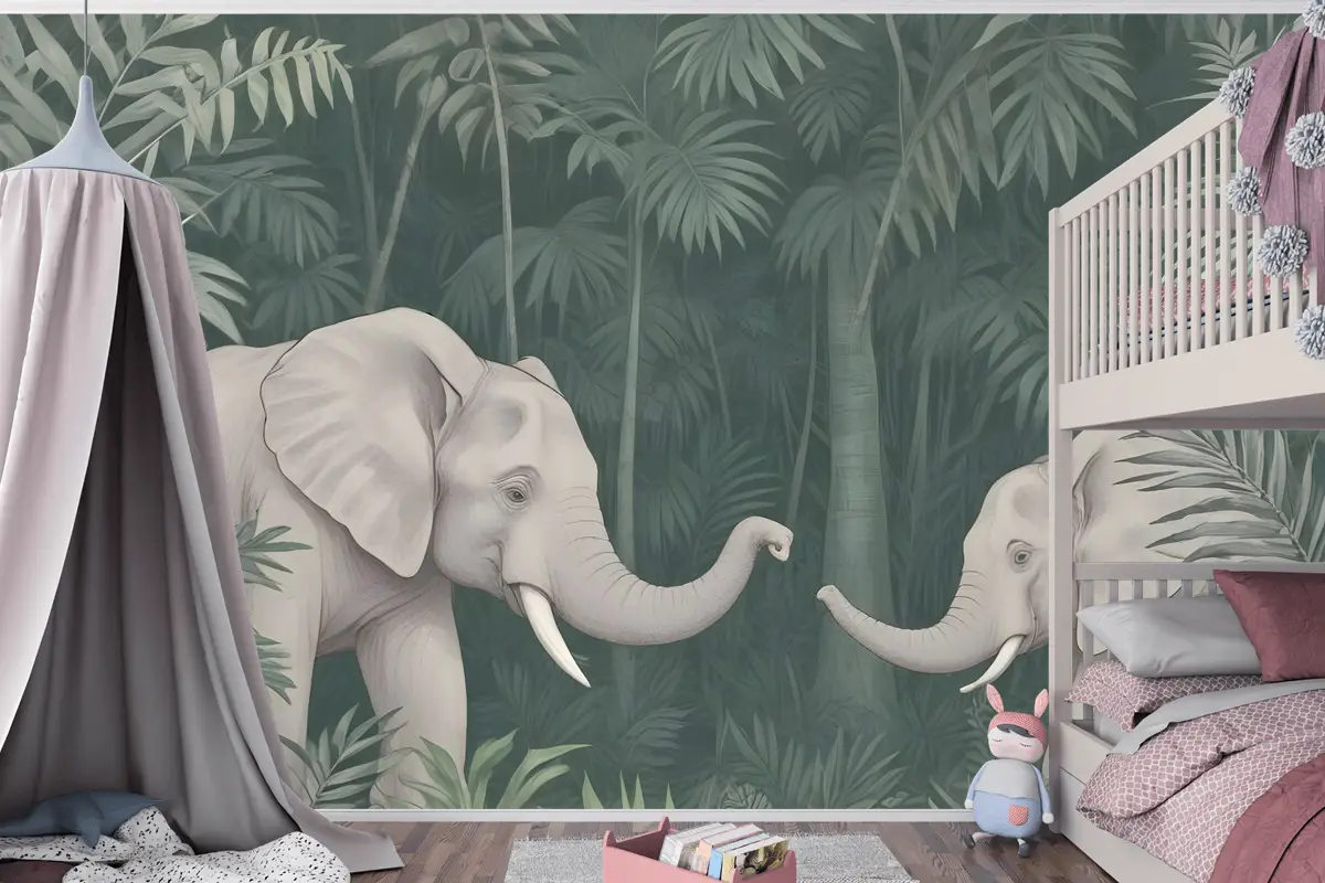 Tropikal Ormandaki Sevimli Filler Çocuk Odası Duvar Kağıdı