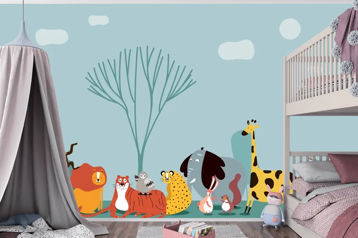 Vahşi Hayvanların Sevimli Grubu Çocuk Odası Duvar Kağıdı