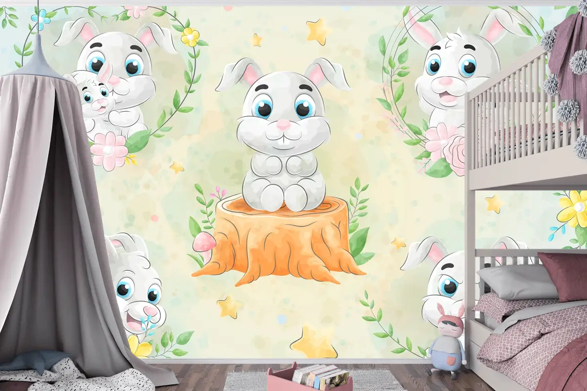 Suluboya Çocuk Odası Duvar Kağıdı  Ile Sevimli Küçük Tavşan