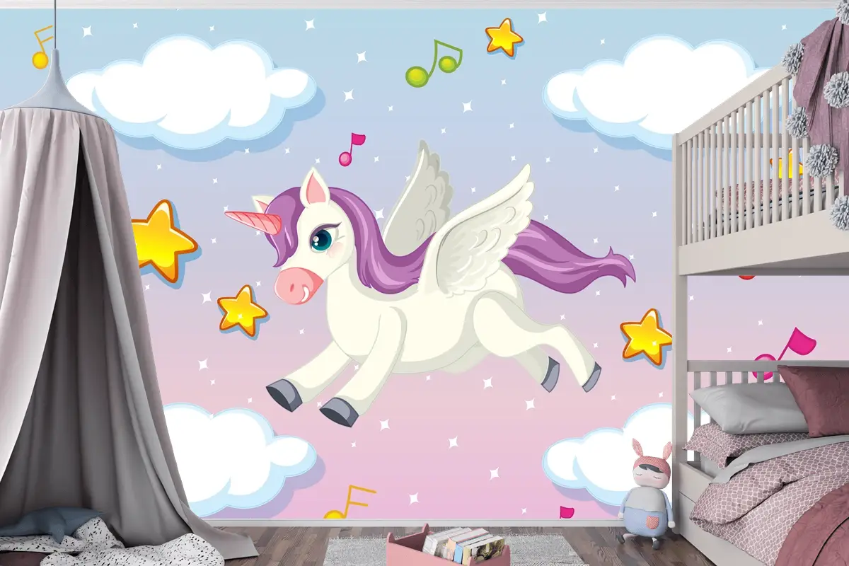 Pastel Gökyüzünde Uçan Mor Yeleli Sevimli Pegasus Çocuk Odası Duvar Kağıdı