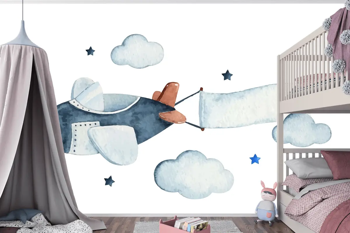 Hava Uçağı Bulutları Ve Yıldızlarla Sevimli Suluboya Gökyüzü Sahnesi Çocuk Odası Duvar Kağıdı