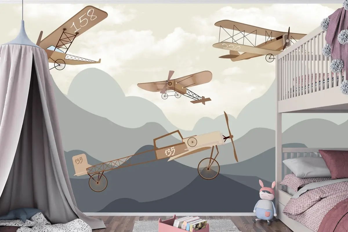 Dağlar Uçaklar Manzara Çocuk Odası Duvar Kağıdı