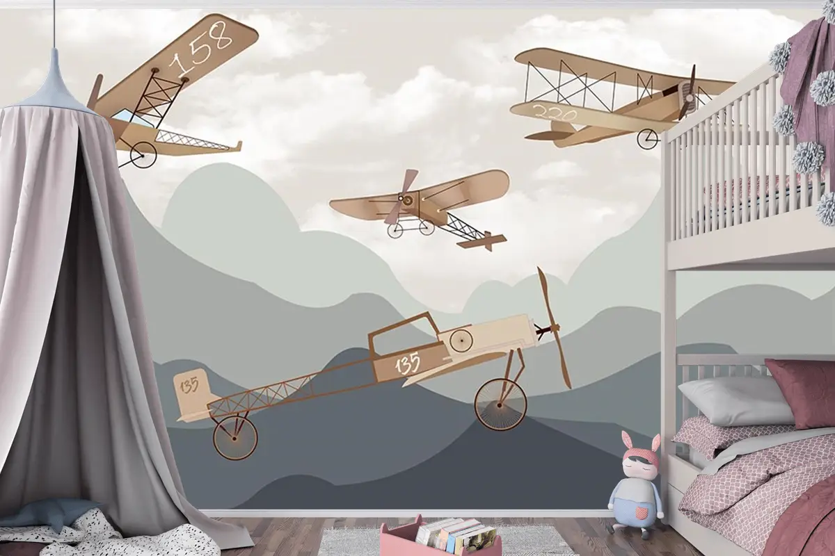 Dağlar Ve Kanatlı Uçaklar Çocuk Odası Duvar Kağıdı