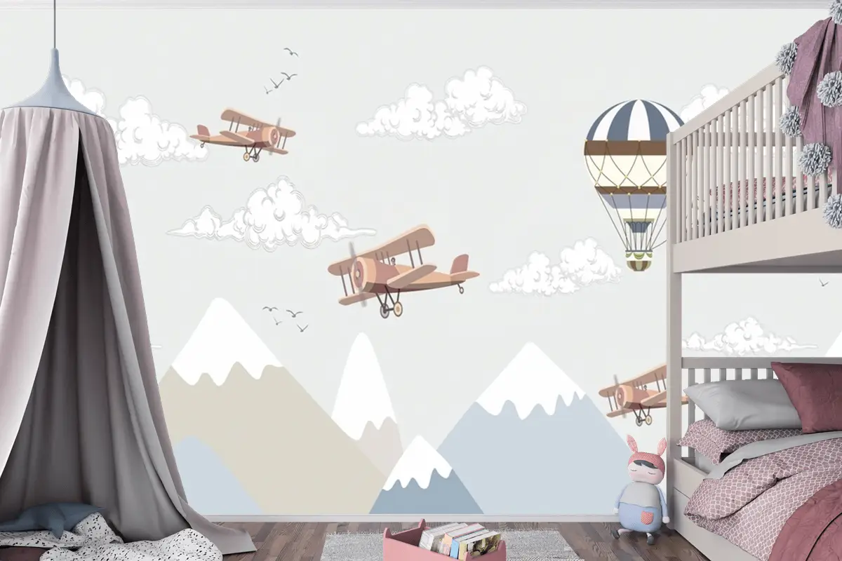 Dağlar Ve Sıcak Hava Balonları Çocuk Bebek Odası Duvar Kağıdı