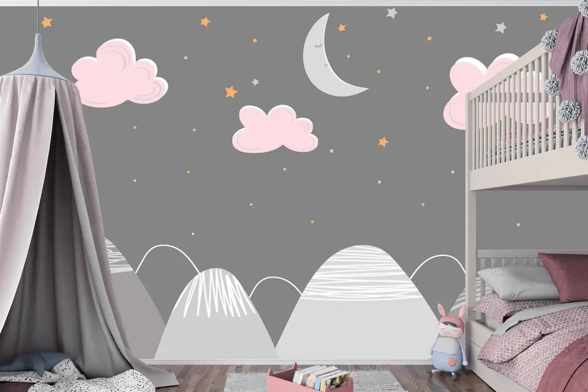 Dağ Manzarası Bulutlar Ve Uyuyan Ay Çocuk Odası Duvar Kağıdı  Ile İskandinav Tarzında Dekor