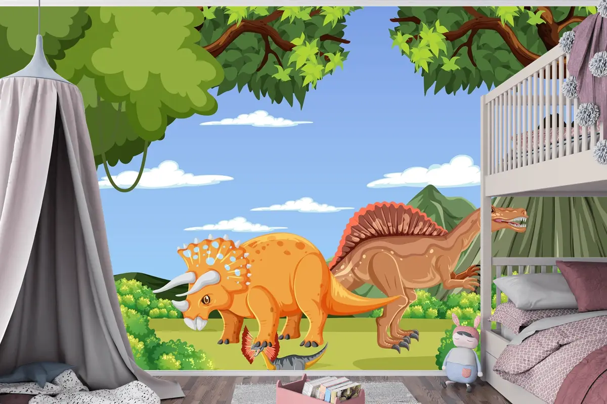 Tarih Öncesi Orman Sahnesinde Dinozor Çocuk Odası Duvar Kağıdı 