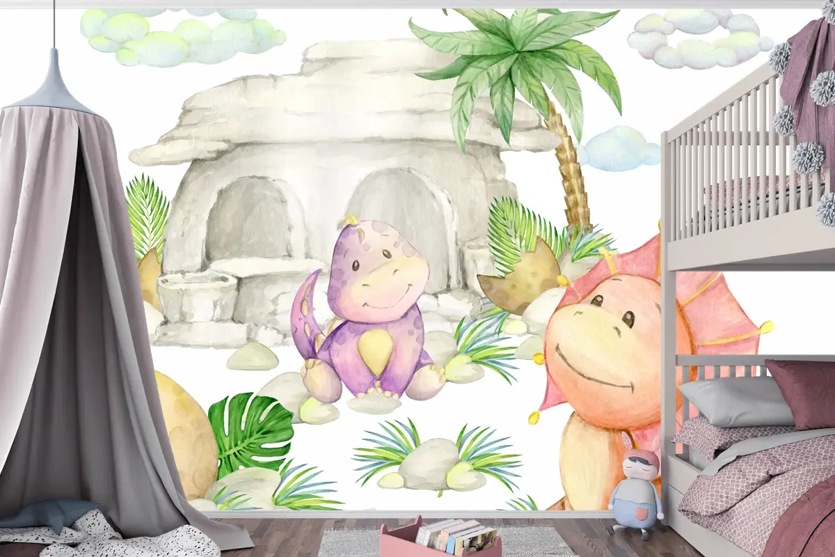 Dinozorlar Bir Taş Ev Bir Palmiye Ağacı Çocuk Odası Duvar Kağıdı