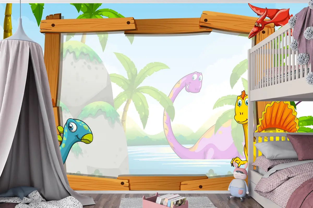 Ahşap Çerçeveli Dinozorlar Çocuk Odası Duvar Kağıdı 