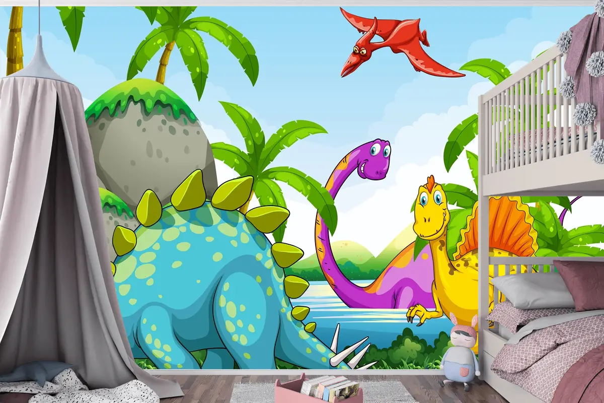 Ormanda Yaşayan Dinozorlar Çocuk Odası Duvar Kağıdı 