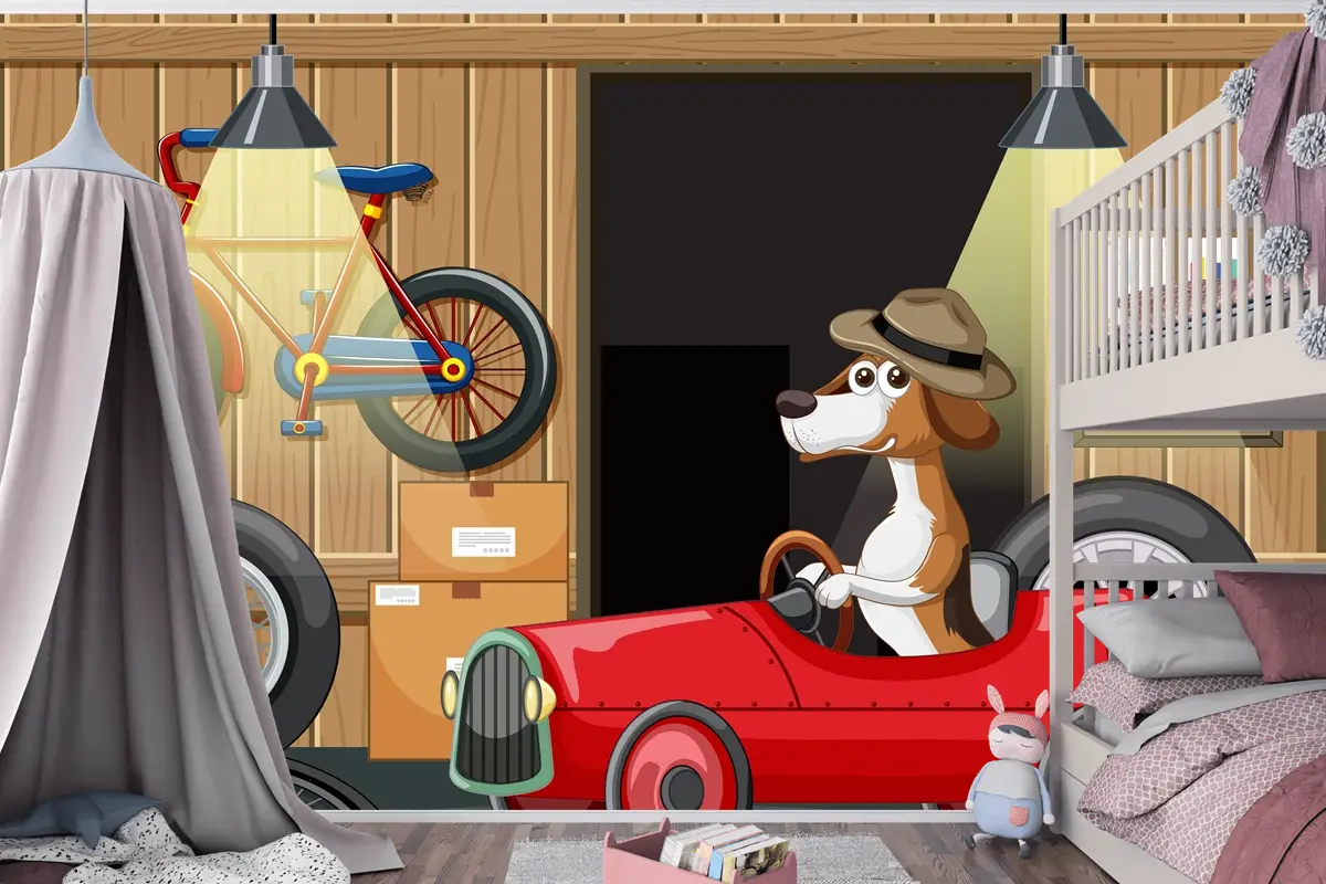 Garajda Arabayı Süren Köpek Çocuk Odası Duvar Kağıdı