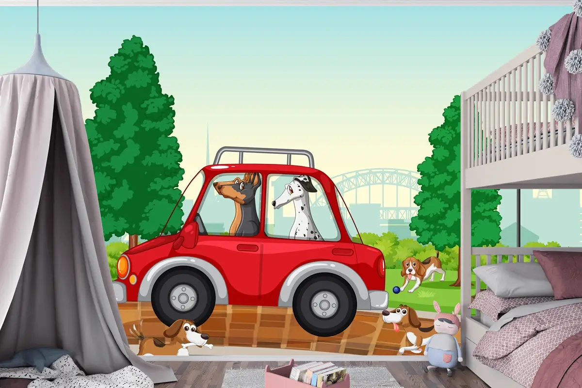 Parkta Araba Süren Ve Koşan Köpekler Çocuk Odası Duvar Kağıdı
