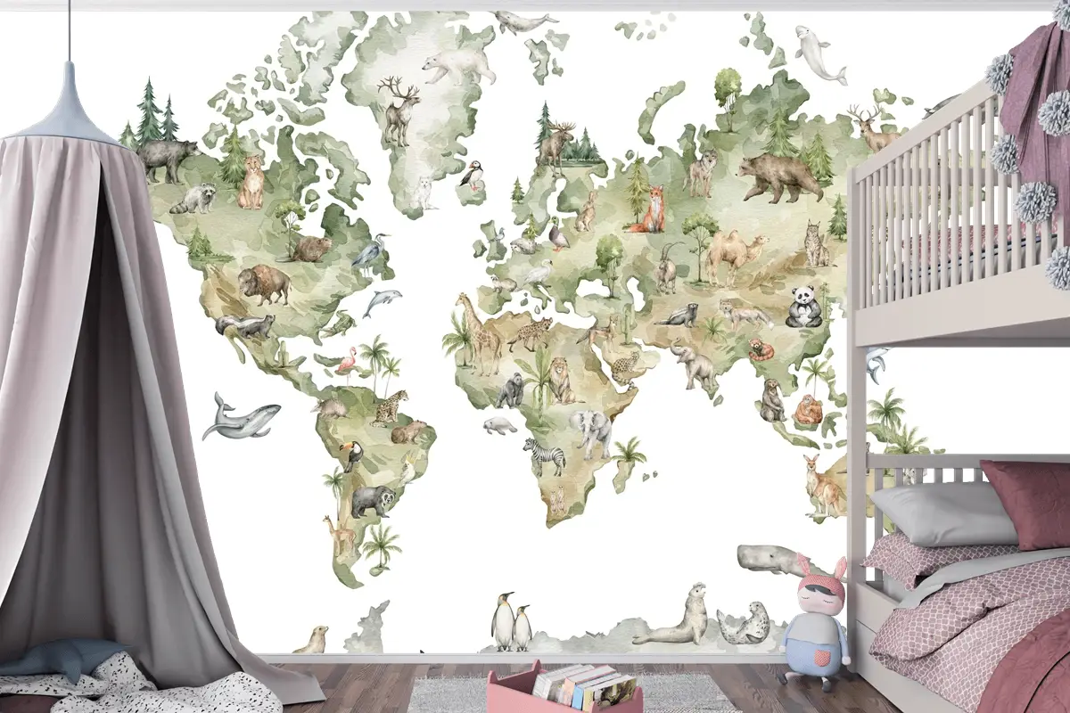 Dünya Haritası ve Dünya Hayvanları Temalı Çocuk Odası Duvar Kağıdı