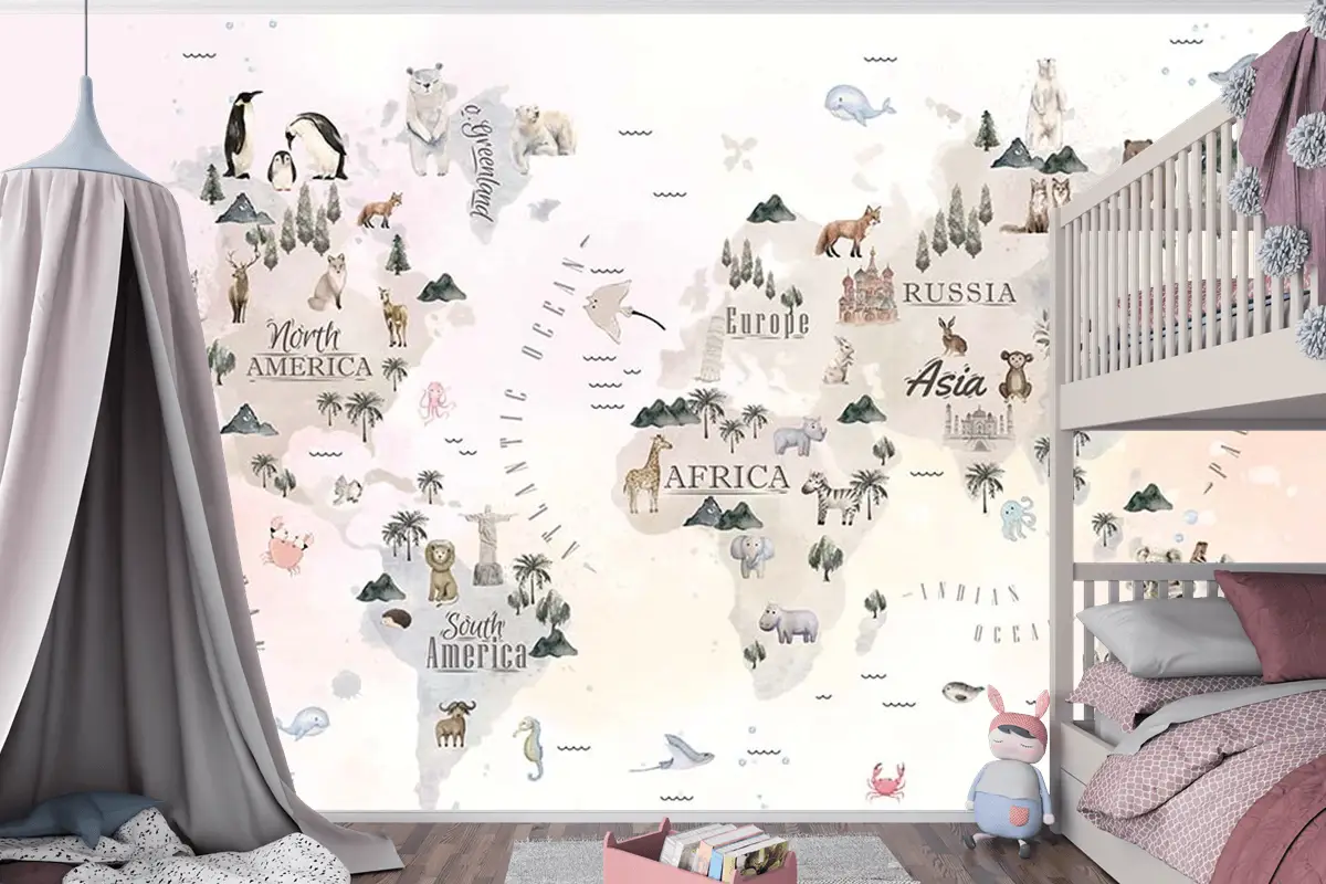 Dünya Üzerinde Sevimli Hayvanlar Çocuk Odası Duvar Kağıdı
