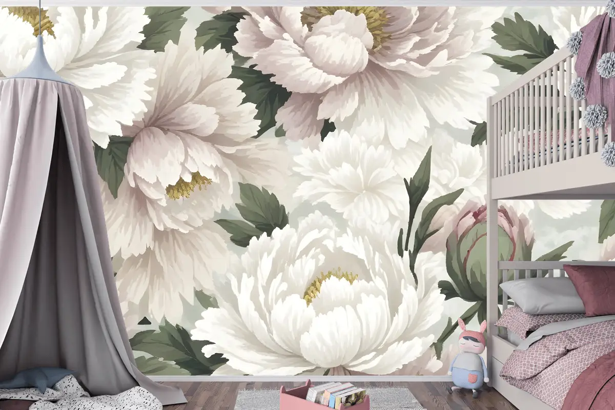Hollandalı Pembe Şakayık Çiçek Çocuk Odası Duvar Kağıdı