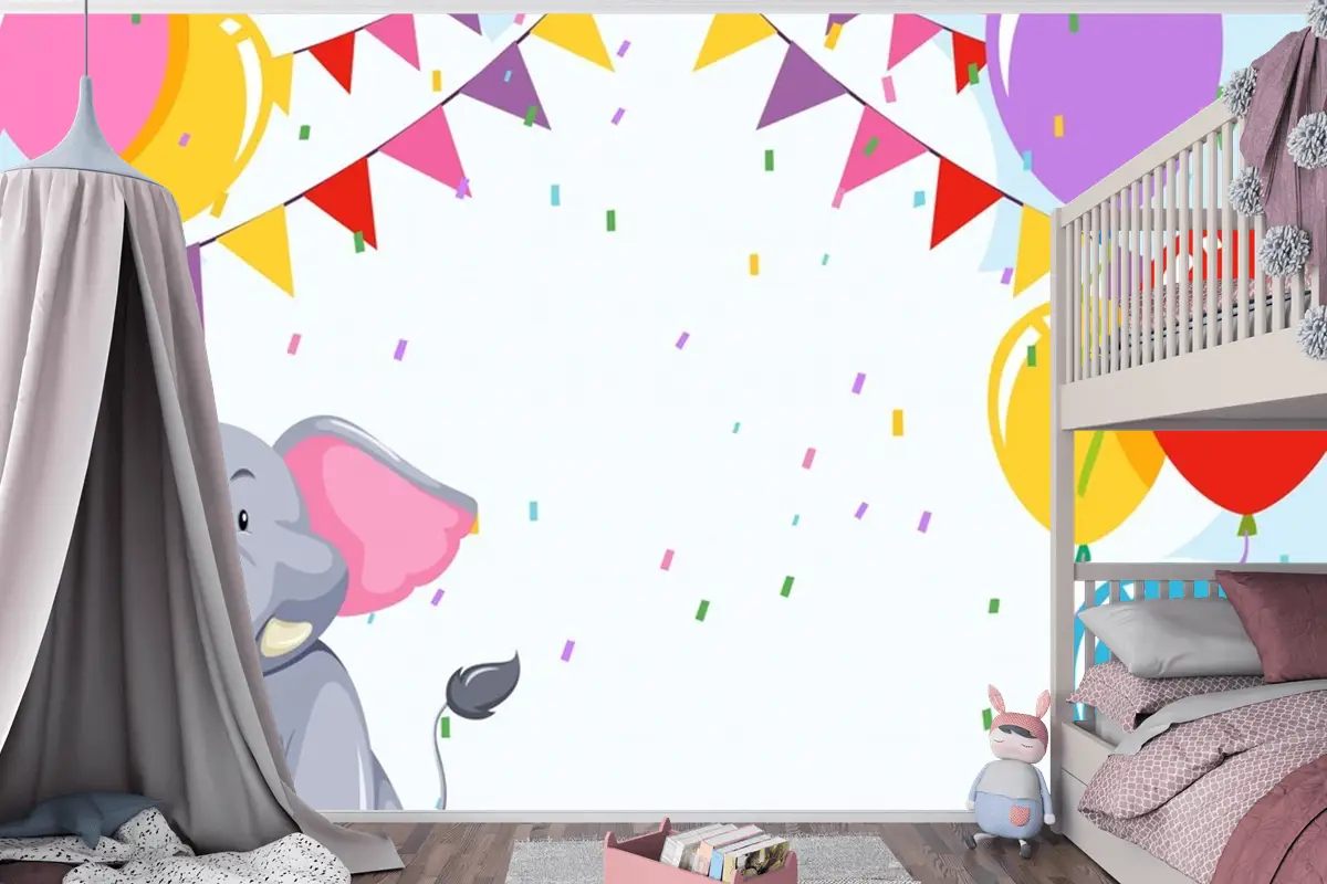Doğum Günü Şablonunda Fil Çocuk Odası Duvar Kağıdı 