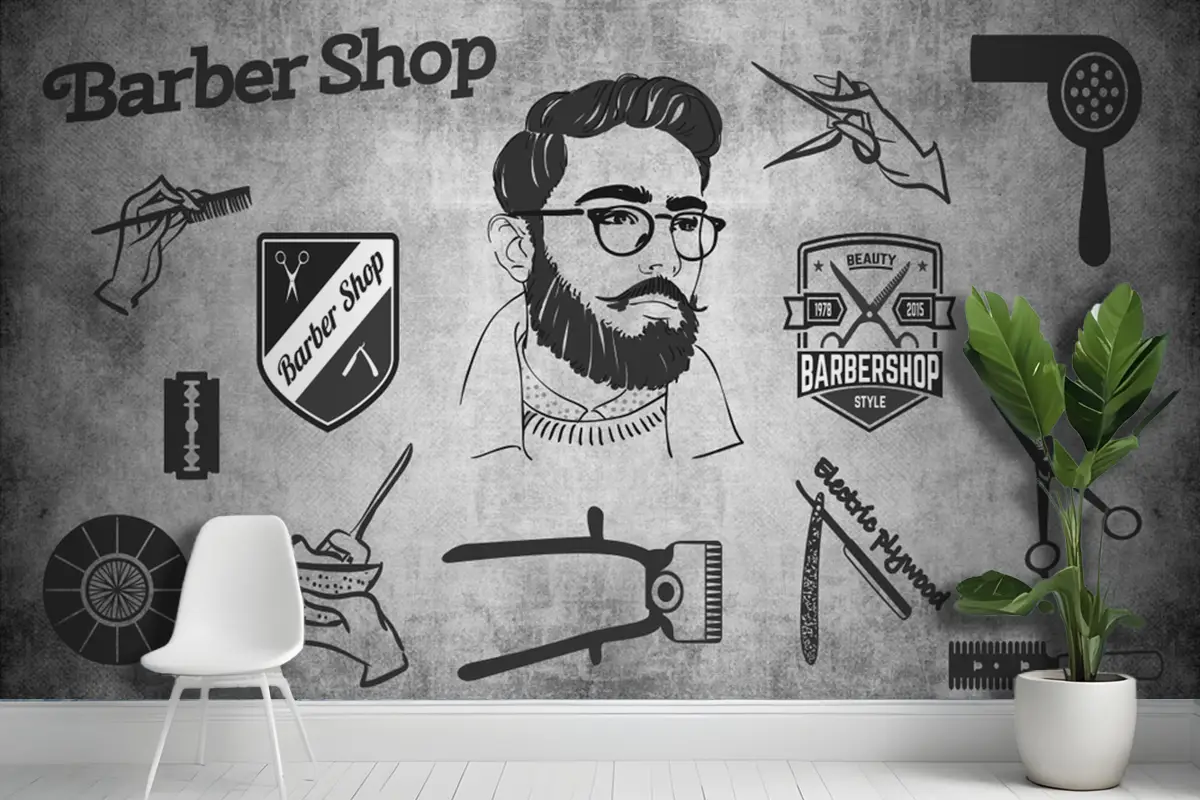 Eskitme Duvar Ahşap Zemin 3D Kuaför Duvar Kağıdı