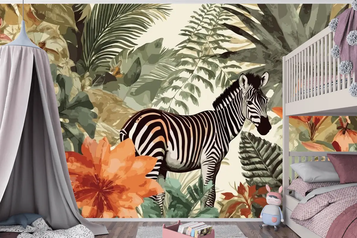 Egzotik Zebra Masalları Sanatsal Vintage Orman Kolaj Desen Sorunsuz Çocuk Odası Duvar Kağıdı