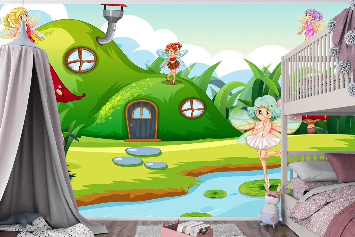 Yeşil Sahnede Fantezi Periler Çocuk Odası Duvar Kağıdı