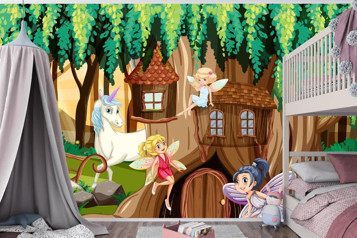 Periler Ve Tek Boynuzlu Fantezi Orman Çocuk Odası Duvar Kağıdı