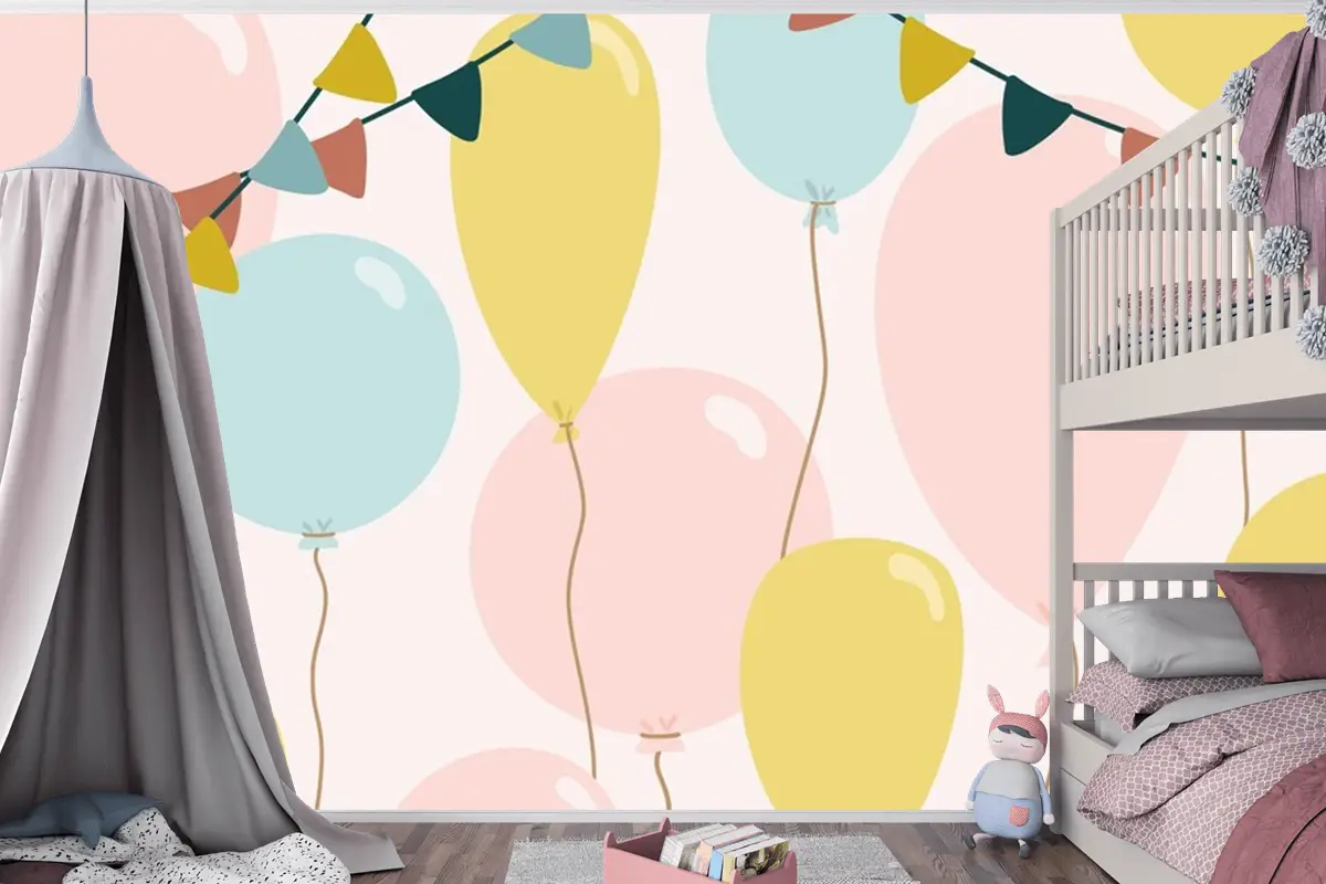 Mavi Pembe Ve Sarı Balonlu Şenlikli Arka Plan Çocuk Odası Duvar Kağıdı