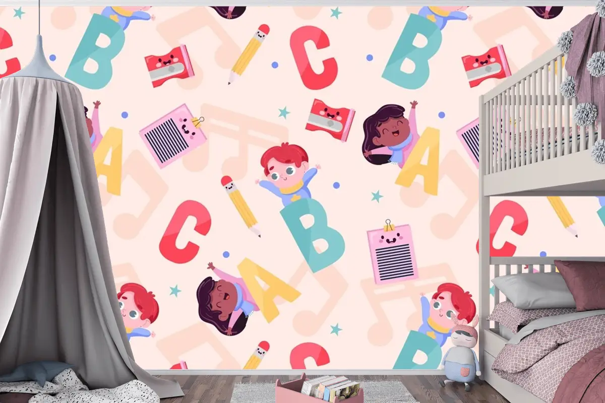 Düz Okula Dönüş Desen Tasarımı Çocuk Odası Duvar Kağıdı