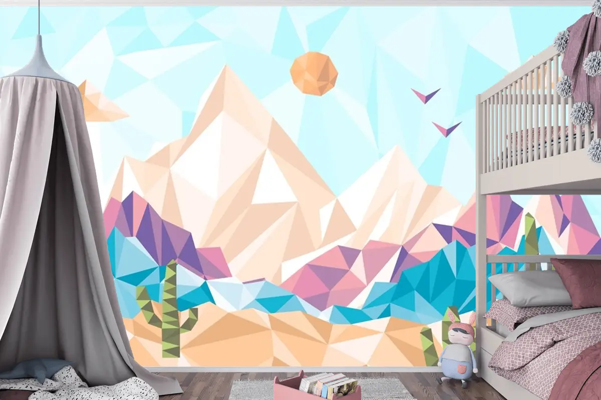 Düz Tasarım Düşük Poli Manzara Çocuk Odası Duvar Kağıdı 