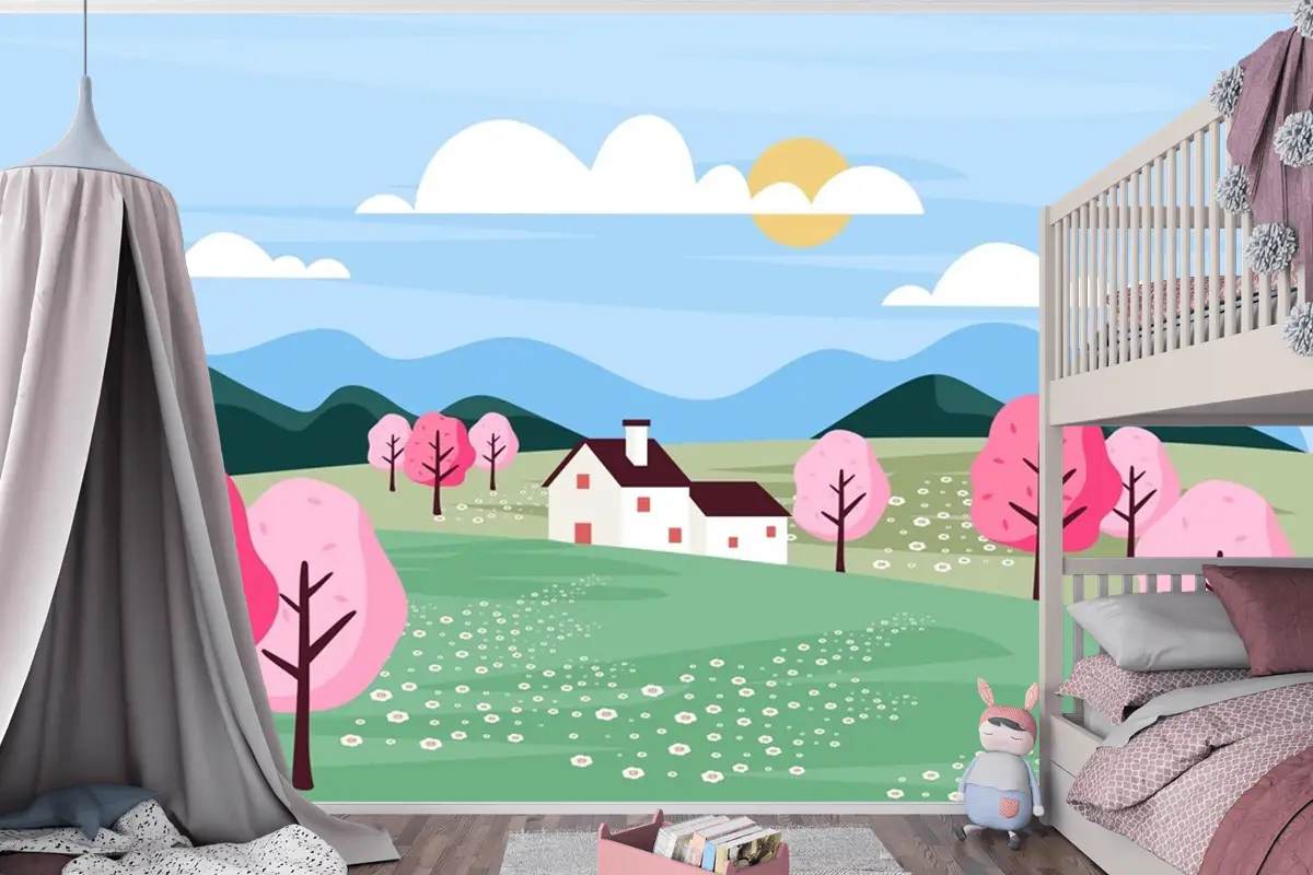 Düz Tasarım Bahar Manzara Çocuk Odası Duvar Kağıdı 