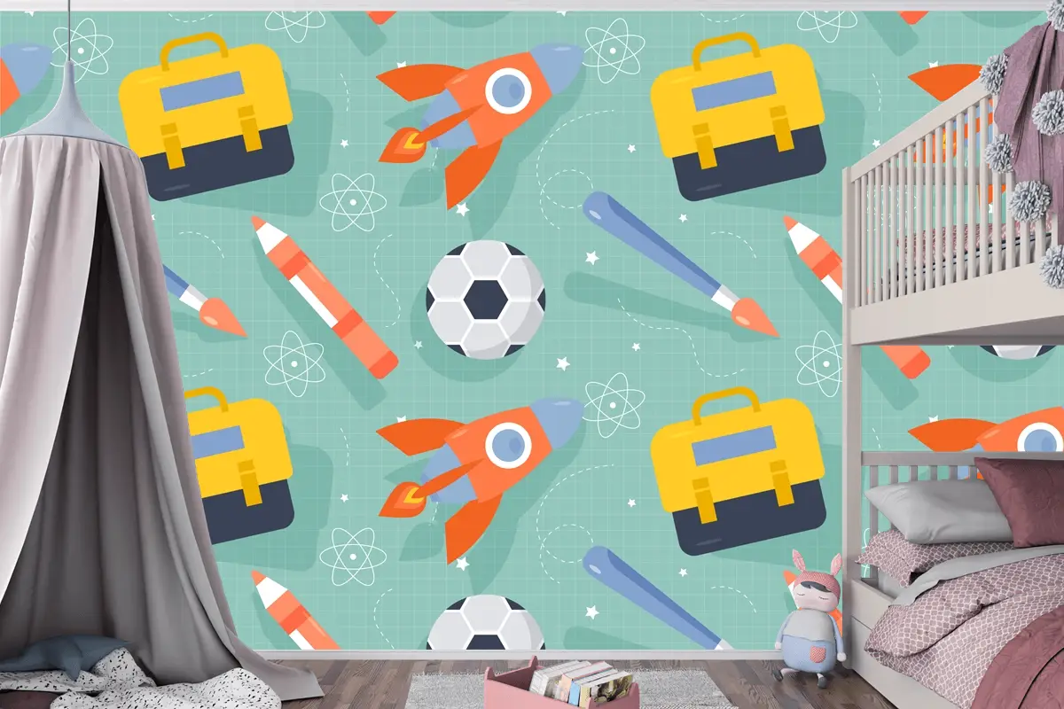 Okula Dönüş Çocuk Odası Duvar Kağıdı  İçin Düz Desen Tasarımı