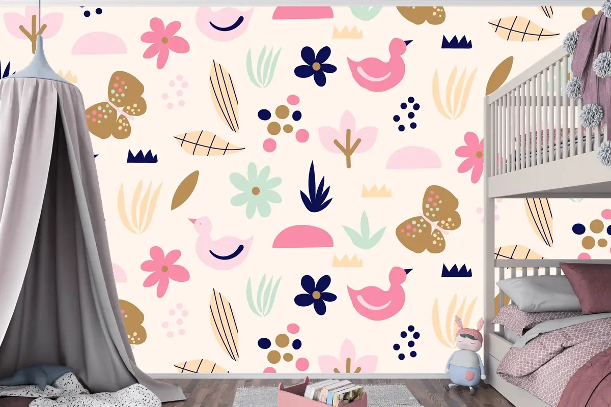 Düz İskandinav Tasarım Desenli Çocuk Odası Duvar Kağıdı 