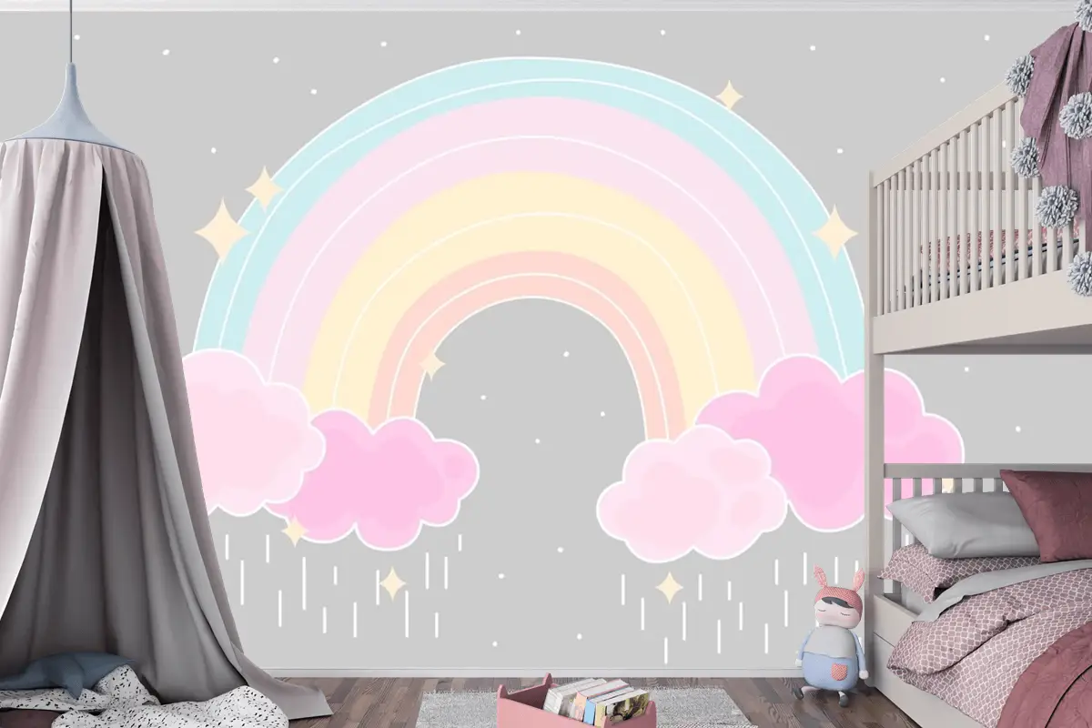 Düz Stil Renkli Gökkuşağı Çocuk Odası Duvar Kağıdı 