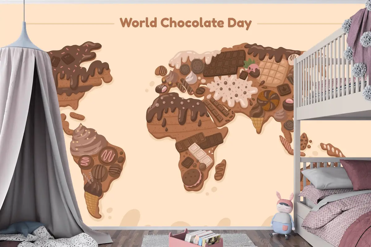 Düz Dünya Haritası Çikolata Günü Çocuk Odası Duvar Kağıdı