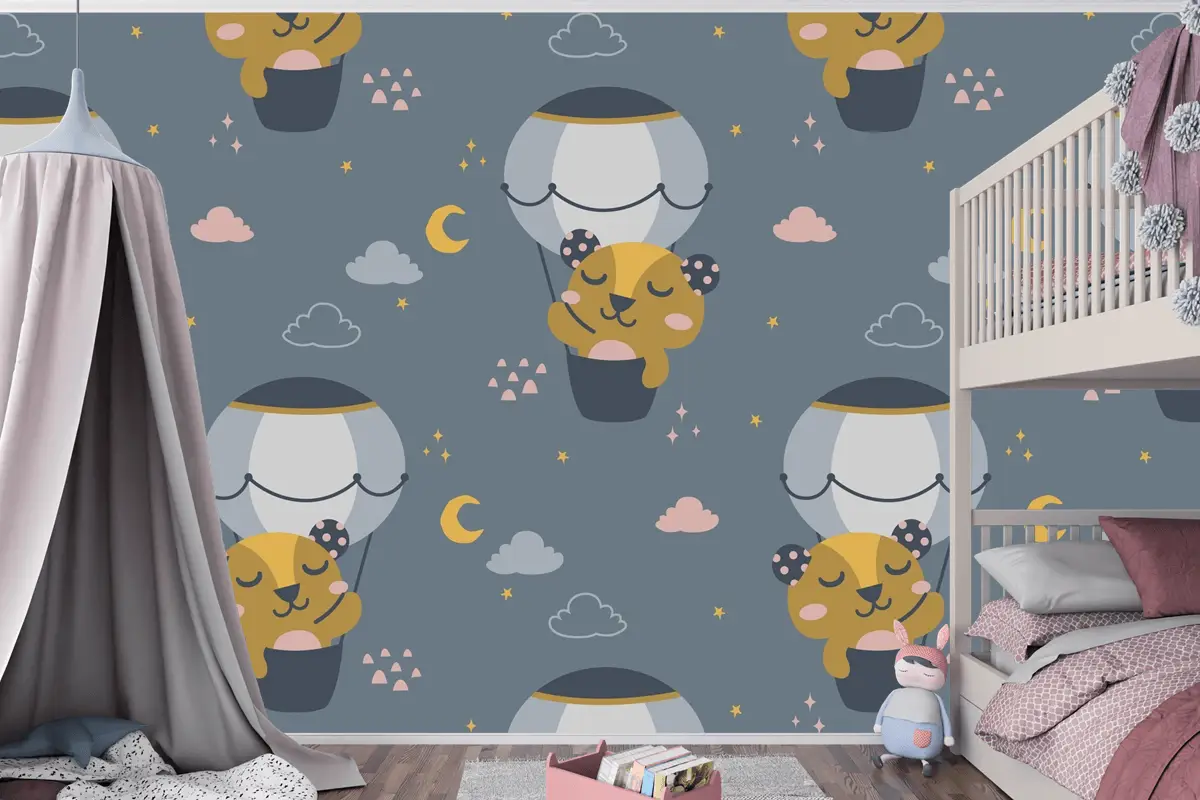 Uçan Sevimli Ayı İskandinav Desen Çocuk Odası Duvar Kağıdı