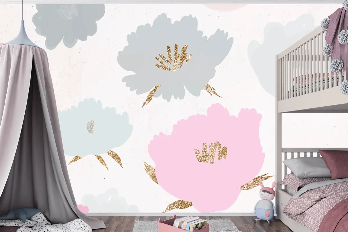 Çiçek Desenli Arka Plan Elle Çizilmiş Çocuk Odası Duvar Kağıdı 